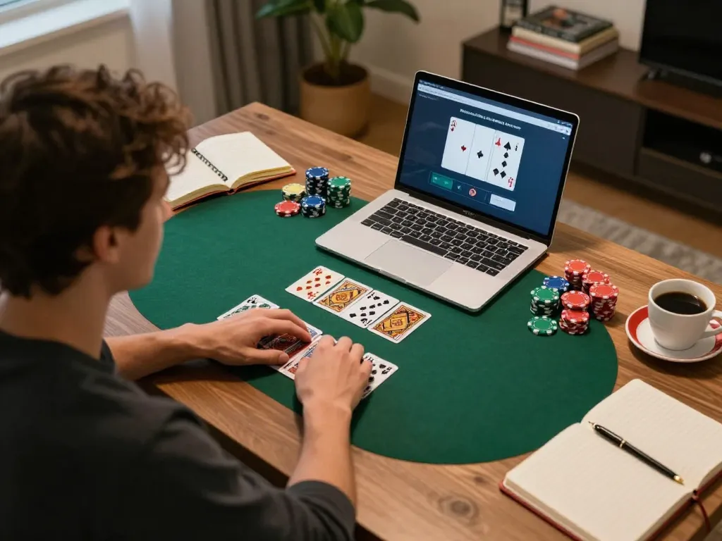 Player engaging in an online poker game at home showcasing Net88's interactive gaming interface.