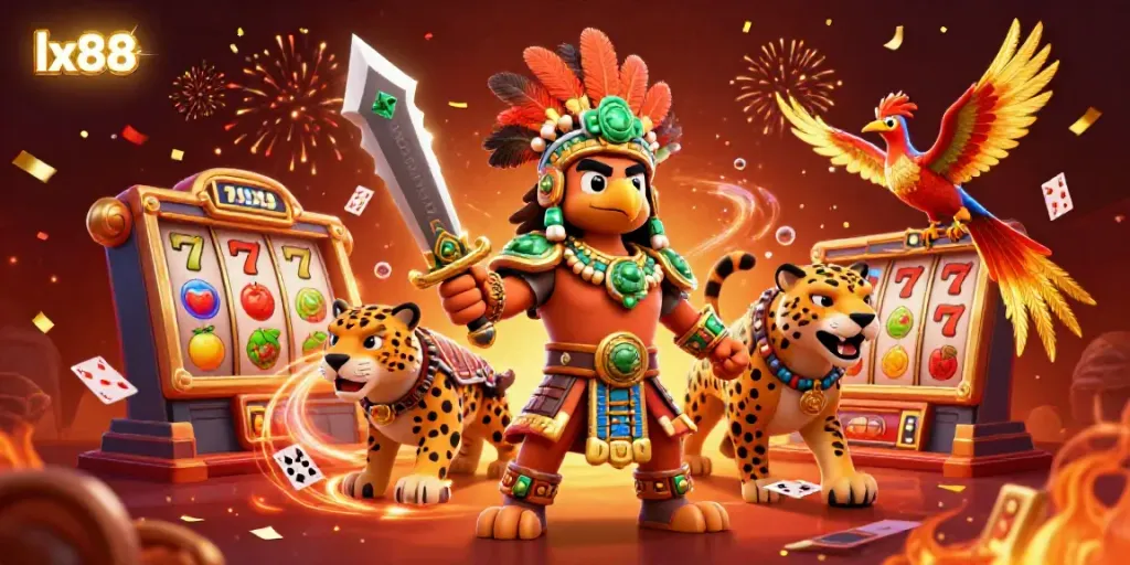 Experience the excitement of lx88 with a colorful Aztec-themed casino scene.