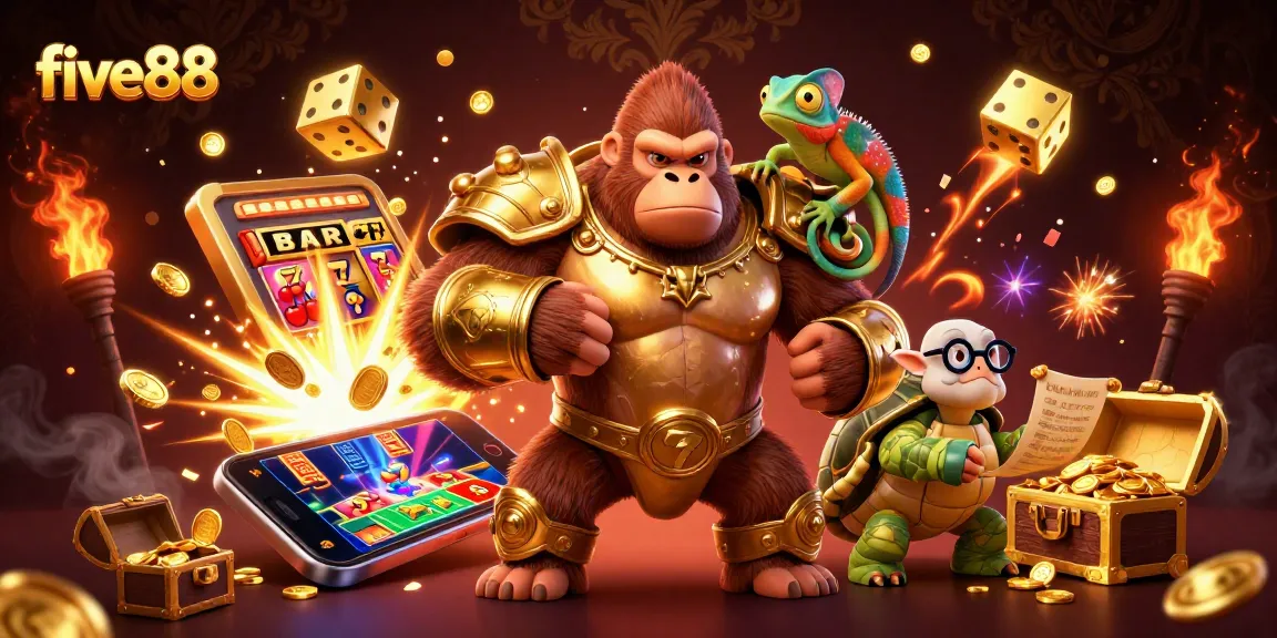 Spin jackpots at five88, with a gorilla king, chameleon spy, and tortoise elder among slot machines and treasures.