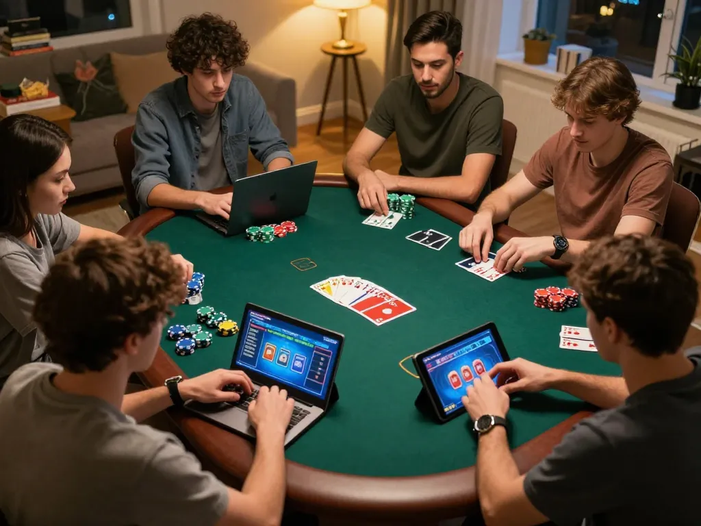 Players engaging in online poker game at home, showcasing strategies on 23win com, with focused expressions and colorful game visuals.