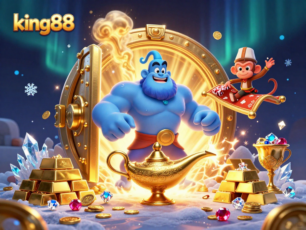 Engage with king88's vibrant world of casino magic featuring a genie, treasures, and poker