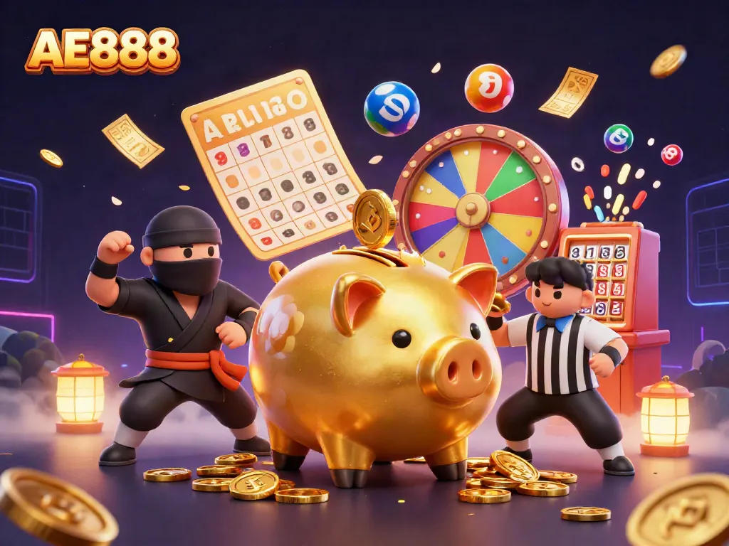 Engage with AE888 as the golden piggy bank challenges the wallet ninja in an exciting casino scene.