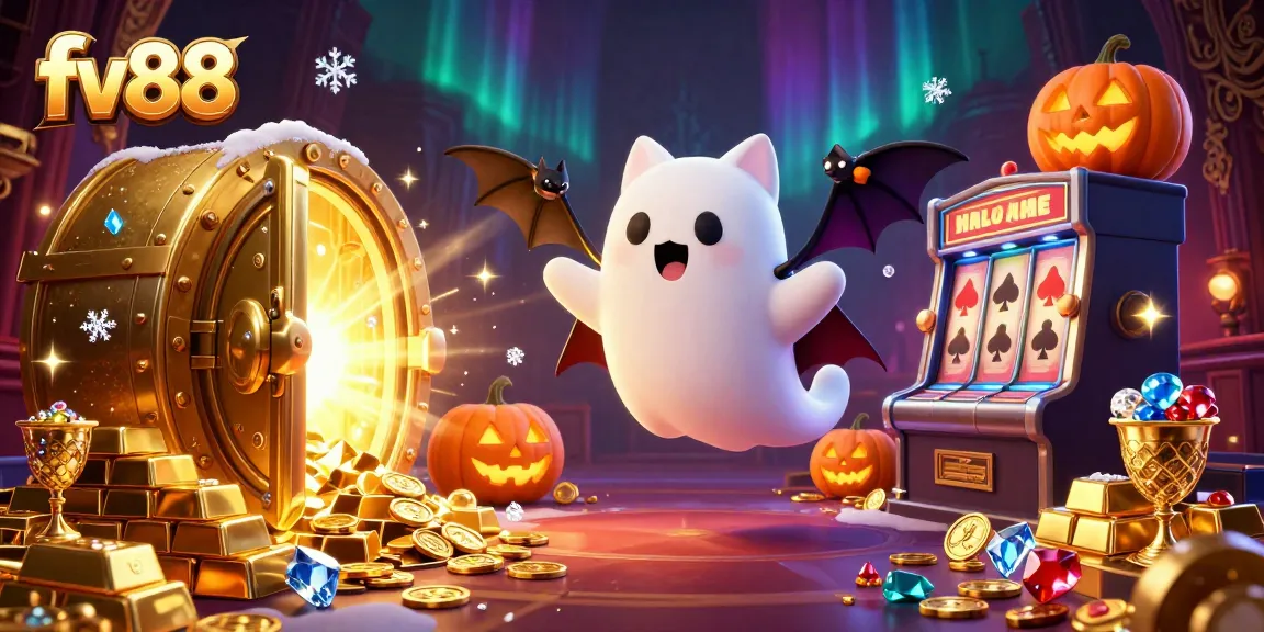 Experience thrilling jackpots at fv88 with a playful ghost cat and treasure-filled casino atmosphere.