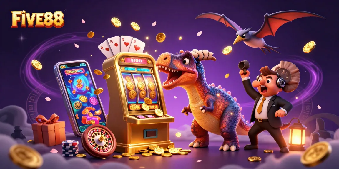 FIVE88 brings thrill with a pachycephalosaurus winning jackpots at a vibrant casino scene.