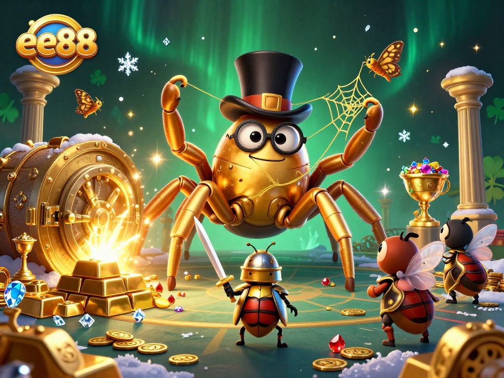 Engage in thrilling bets at ee88 amidst a dynamic scene of a golden tarantula and brave beetle knight.