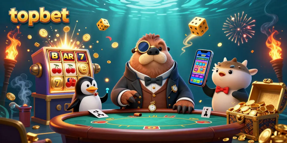 Topbet casino scene with a walrus, penguin dealer, and pufferfish player enjoying a jackpot explosion.