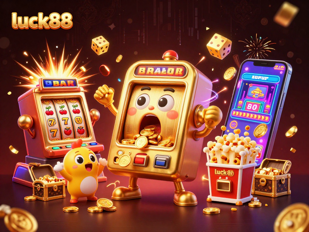 luck88 slot machine hits jackpot with coins pouring out, creating a festive casino scene.
