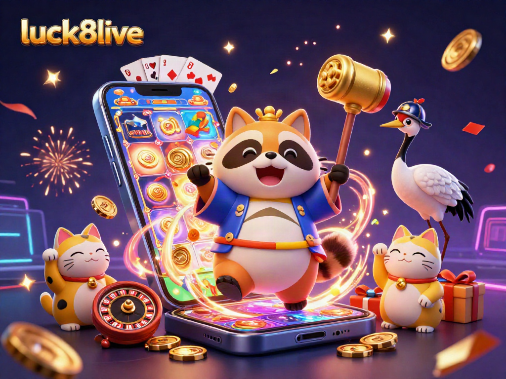 Experience luck8live with vibrant characters celebrating casino wins amidst slot games and confetti.