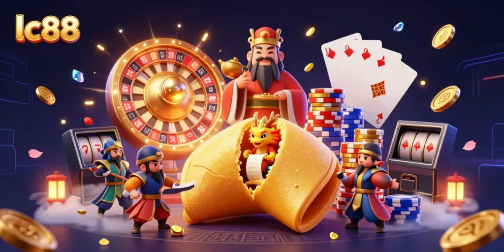 lc88 casino experience with a giant fortune cookie and dragons offering charming fortunes amidst golden coins and vibrant games