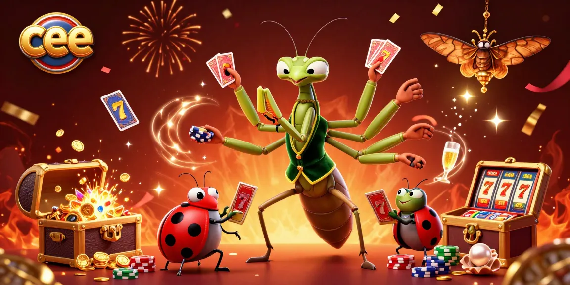 Experience thrilling casino action with cee featuring a giant mantis dealer, lucky slot reels, and vibrant performance.