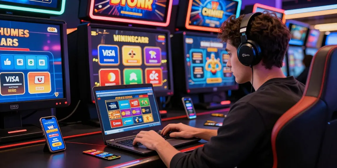 Excited player exploring the best credit card casinos on a laptop, surrounded by vibrant game graphics and payment options.