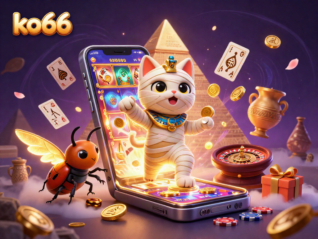 Spin dazzling slots with ko66's captivating 3D Egyptian-themed illustration featuring enchanting characters and casino elements.