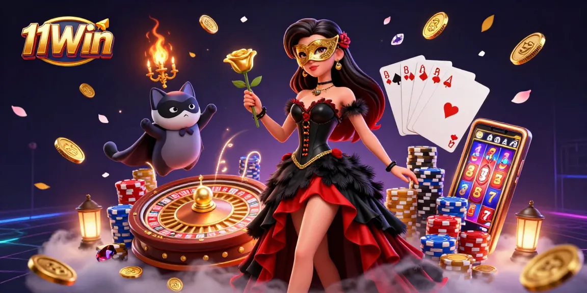 Experience thrilling casinos with 11Win, featuring stunning characters, golden coins, and vibrant games.