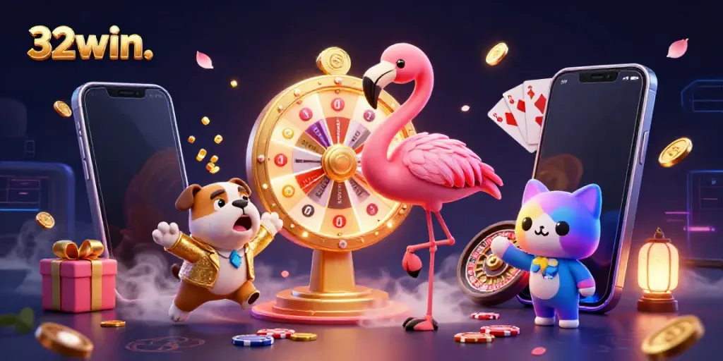 Experience the thrill of winning at 32win. with a vibrant casino scene featuring vivid characters, games, and excitement.