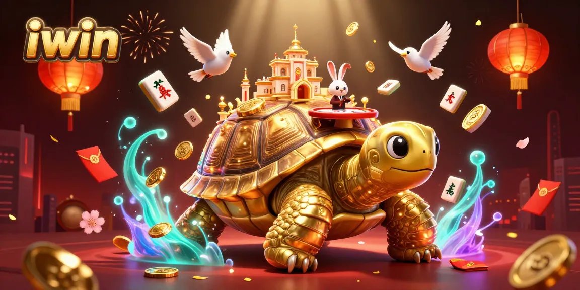 iwin showcases a vibrant casino scene with a golden tortoise and a rabbit dealer amidst dynamic gambling elements.
