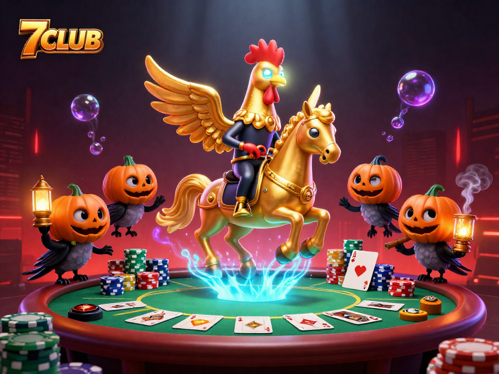 Engage in thrilling games at 7CLUB, featuring a golden rooster and vibrant casino ambiance.