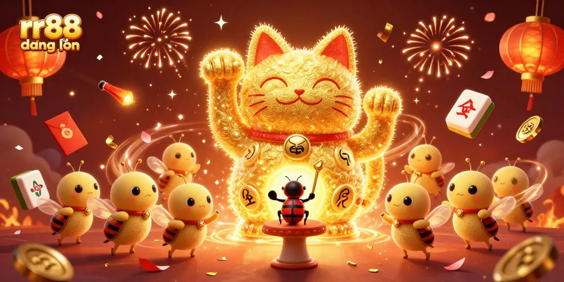 Experience the thrill of rr88 đăng nhập with a lively scene featuring a giant lucky cat and casino symbols.