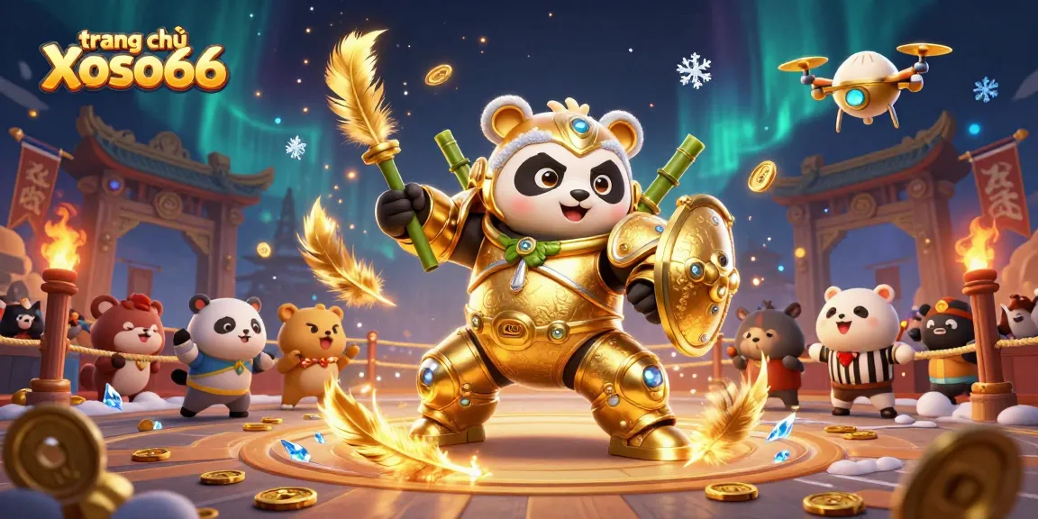 Engage in the action at trang chủ Xoso66, featuring a vibrant arena with a mech-suit panda battling amidst golden casino elements.
