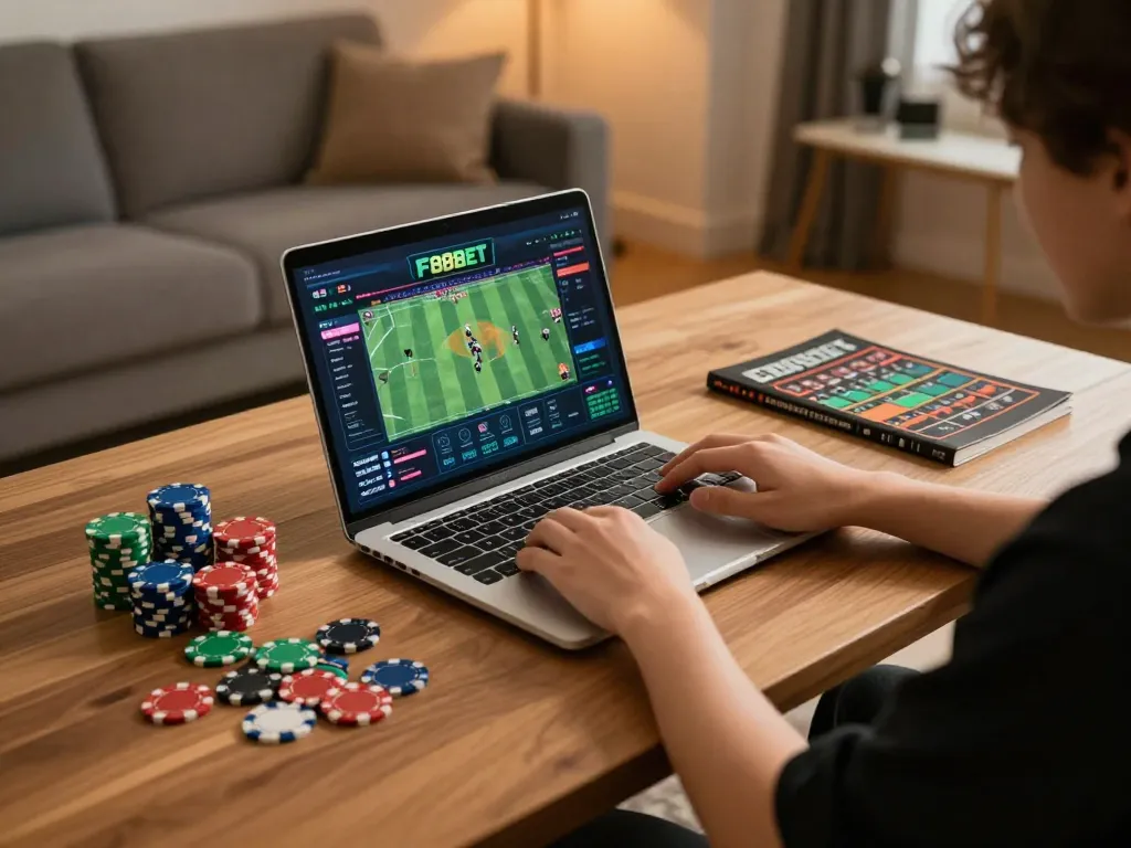 Engaging in F88BET online gaming at home with laptop and betting materials