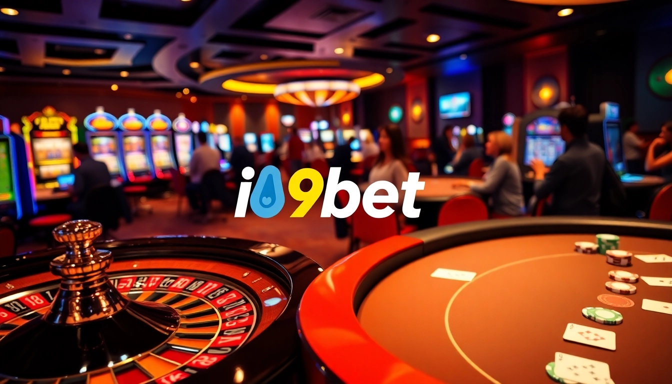 Experience thrilling bets at i9bet with a vibrant casino scene featuring poker tables and roulette wheels.