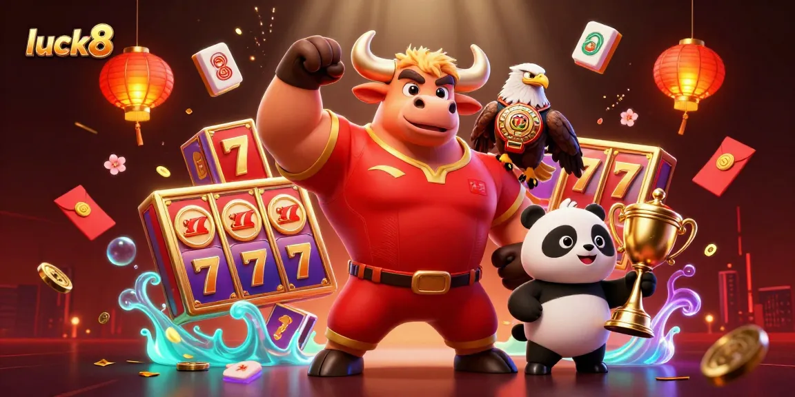 Experience luck8 with a dynamic casino scene featuring a victorious bull mascot, an eagle, and a panda celebrating wealth.