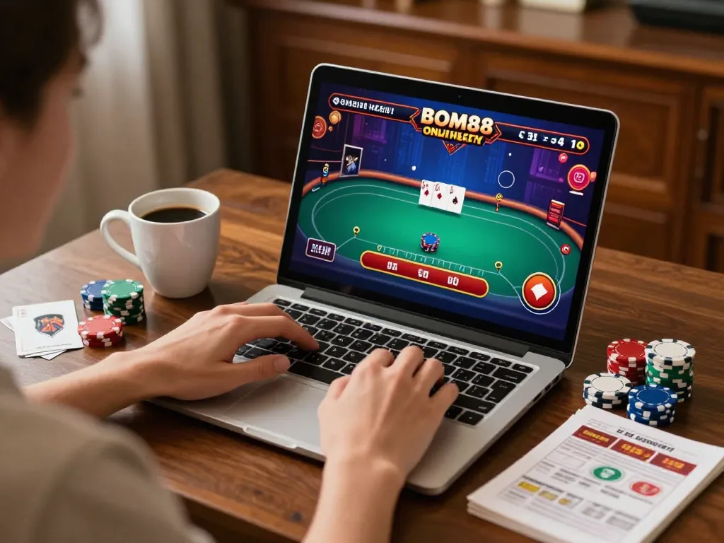 BOM88 user engaged in an online poker game, stacks of chips and strategy notes visible.