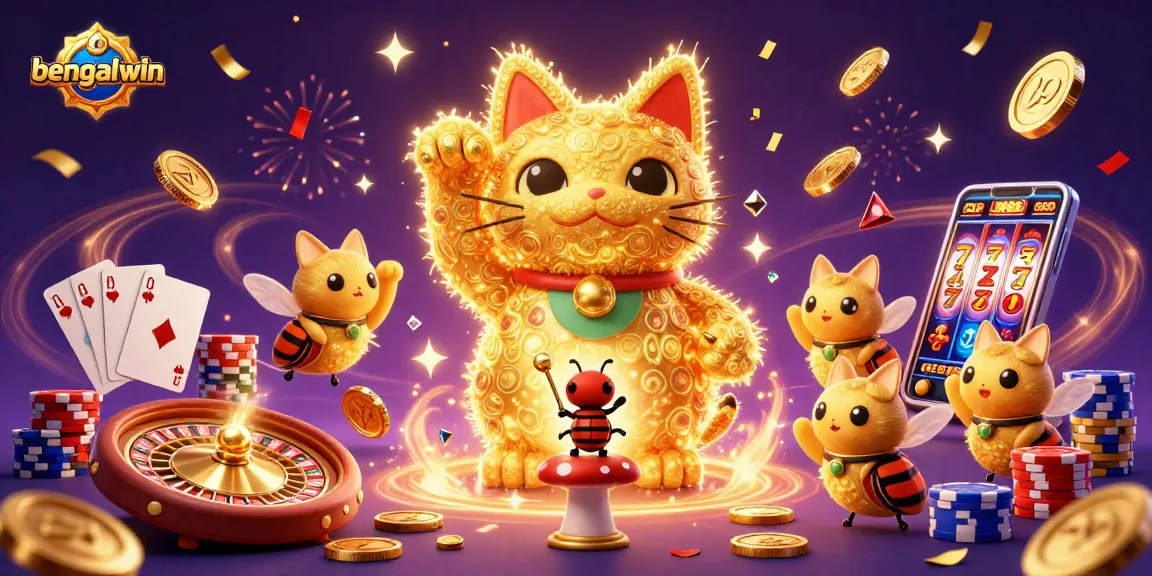 Bengalwin engages players with a dynamic lucky cat and casino-themed illustration, highlighting excitement and winning potential.