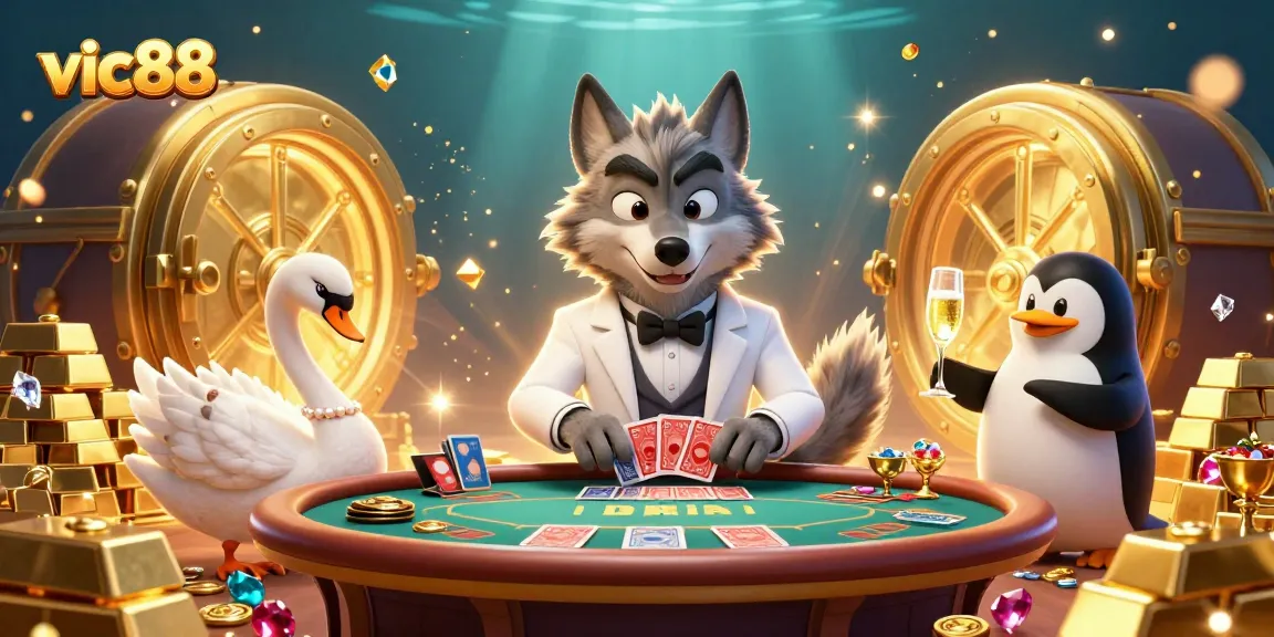 Experience excitement at vic88 with a debonair wolf, elegant swan dealer, and penguin sommelier in a stunning casino scene.