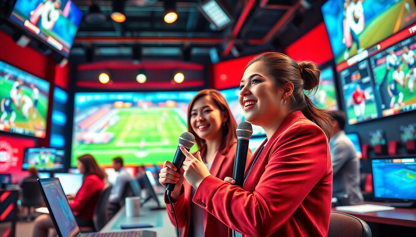 Energized announcer in sports broadcasting studio showcasing vibrant energy and professionalism.