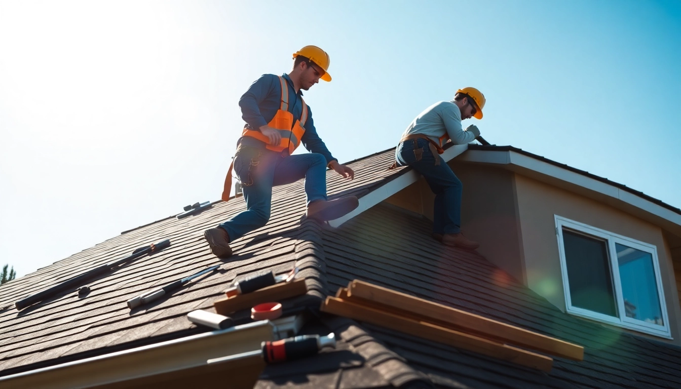 Roofing company team members installing shingles on a home roof.