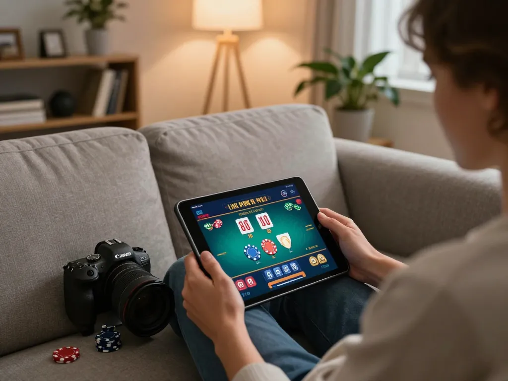 Engaging scene of online gaming with 88vin app on tablet, person strategizing poker game at home