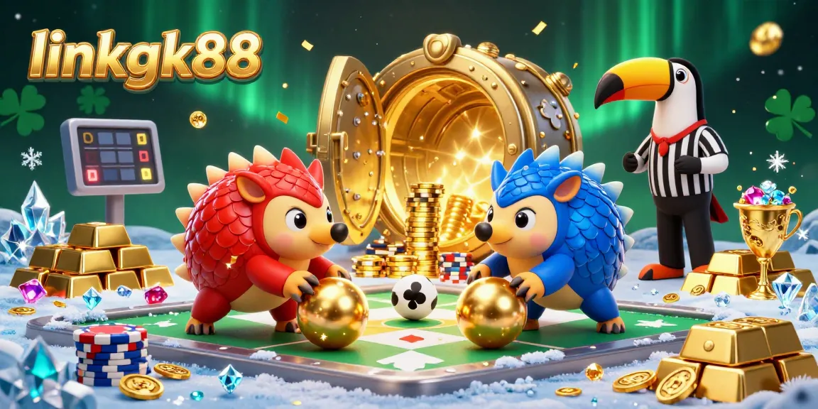 Experience the excitement of linkgk88 with vibrant pangolins bowling through poker chips in a captivating casino scene.
