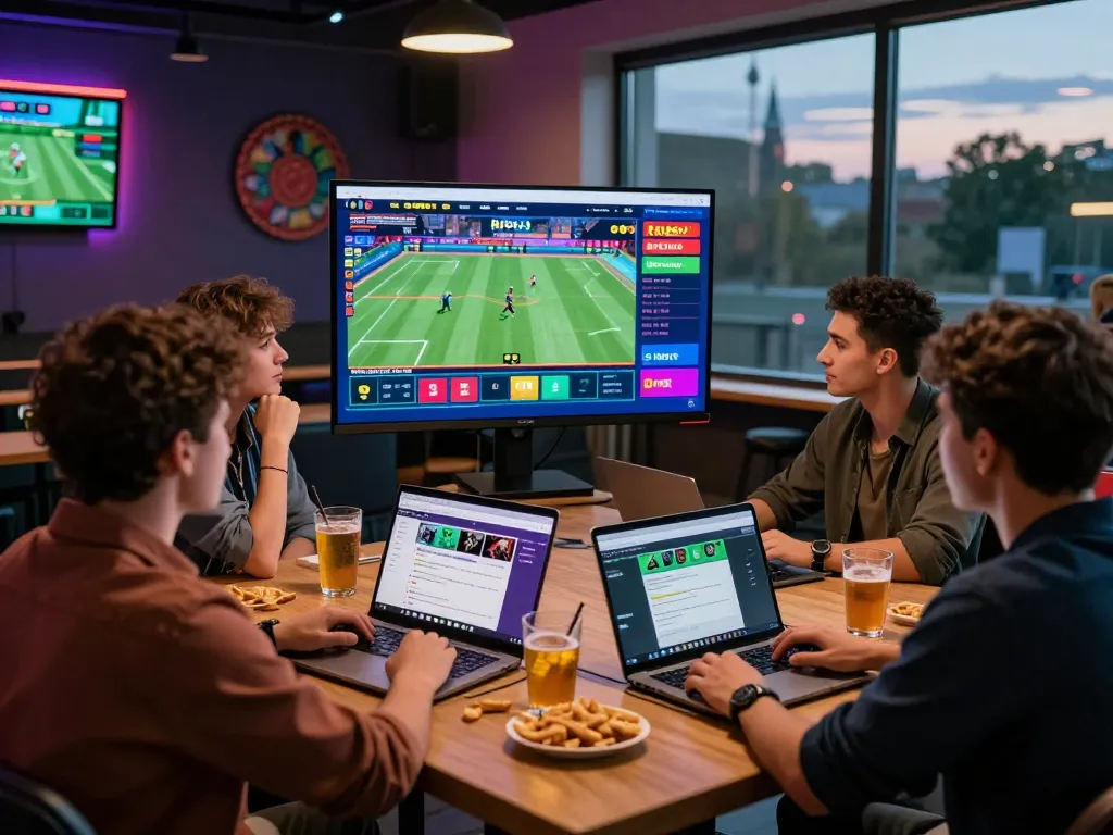 Engaging gambling scene with friends enjoying Rikbet's online betting during a sports game.