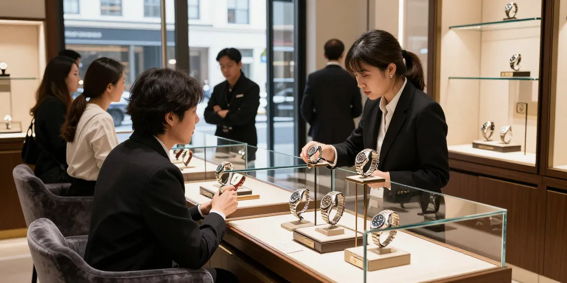 Exploring exquisite rolex super clone watches in a luxurious boutique setting, highlighting intricate details and customer engagement.