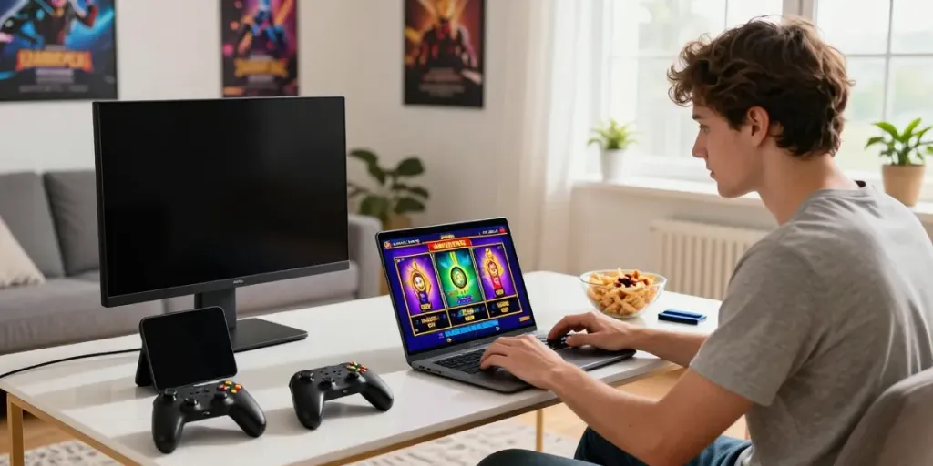 Enthusiast playing slots that accept credit cards in a stylish living room with a vibrant gaming setup.
