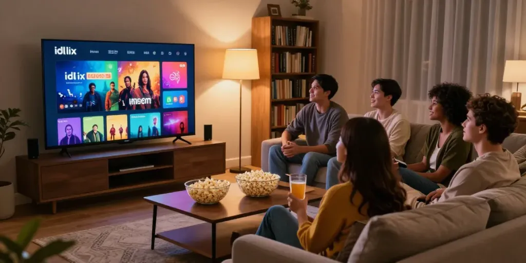 Friends enjoying movie night with idlix streaming on a cozy living room TV.