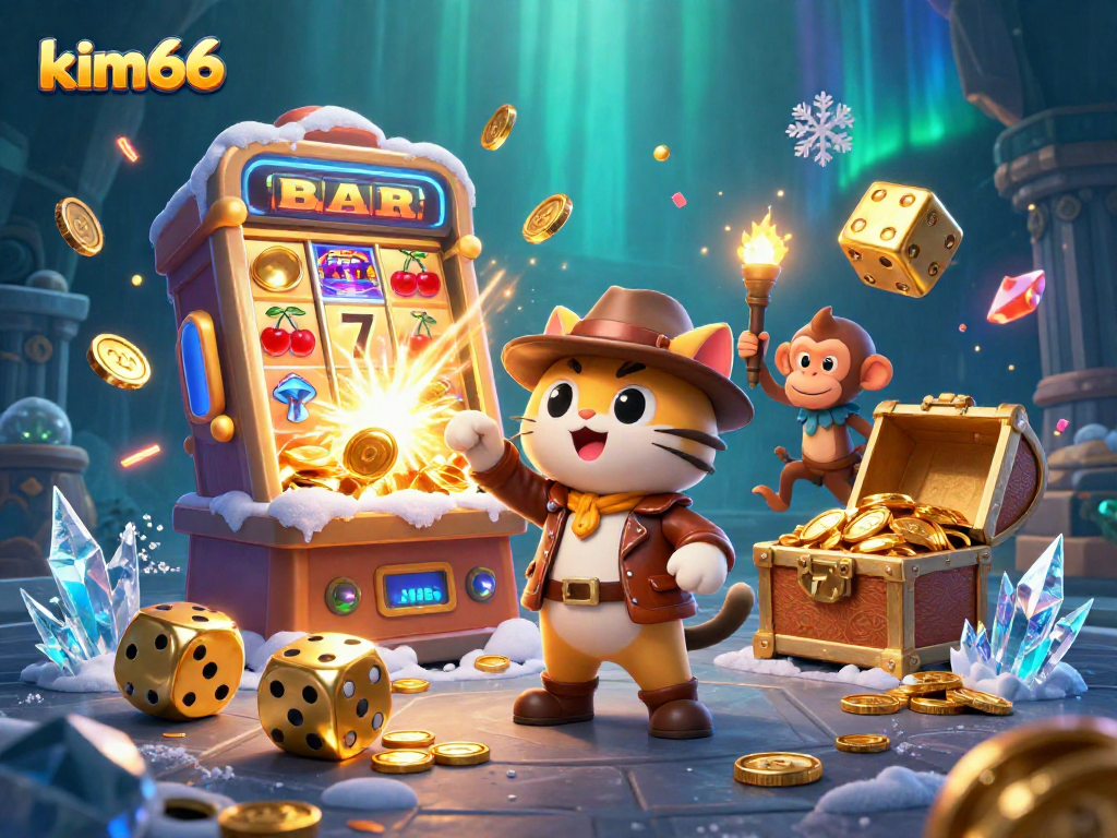 A 3D illustration of a cat explorer uncovering a golden artifact in a casino temple, embodying the essence of kim66.