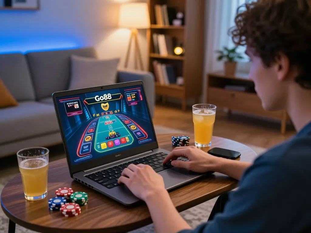 Engaged player enjoying Go88, showing dynamic online gambling scene at home