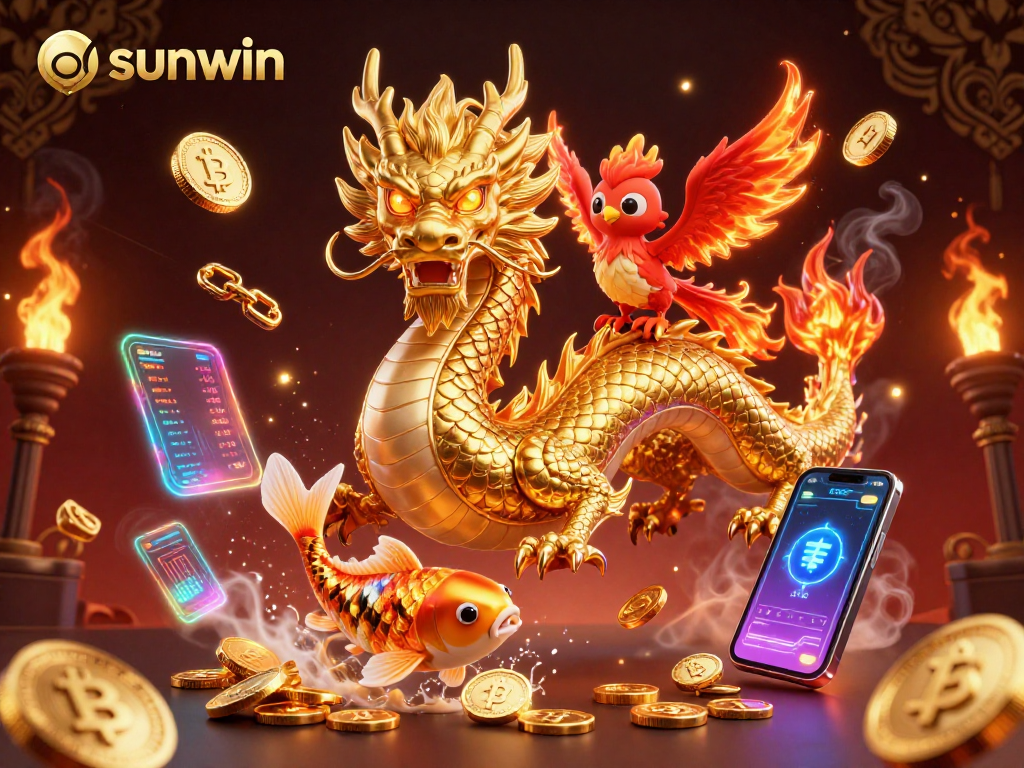 Experience sunwin with a powerful dragon and phoenix amidst gold coins and crypto elements.