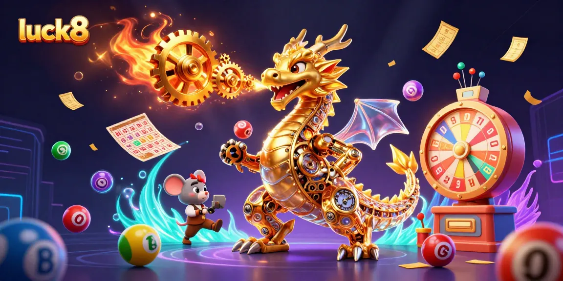 Engage with luck8's vibrant 3D casino scene featuring a golden dragon and dynamic lottery elements.
