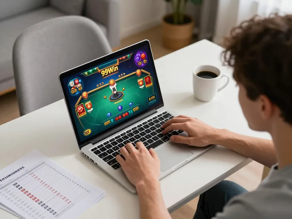 Playing 99Win online poker game with colorful graphics on laptop from home setup, promoting responsible gaming.