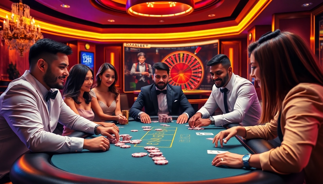 DABET players strategizing at a professional poker table in an elegant casino setting.