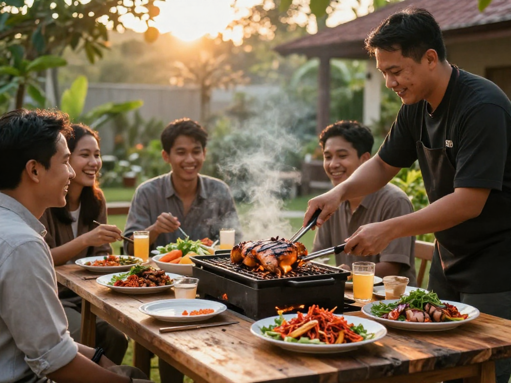 Enjoying rokok 88 grilled chicken with sambal rawit in a sunny backyard.