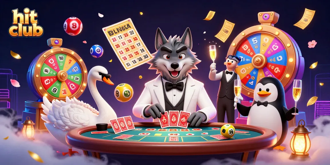 Hit club features a vibrant 3D scene with a charming wolf, swan, and penguin enjoying dynamic gambling elements.