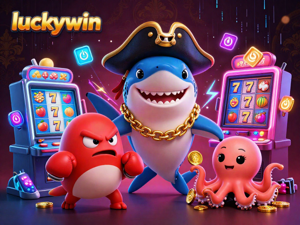 Engaging luckywin scene featuring a playful pirate shark and friends at a vibrant slot machine game.