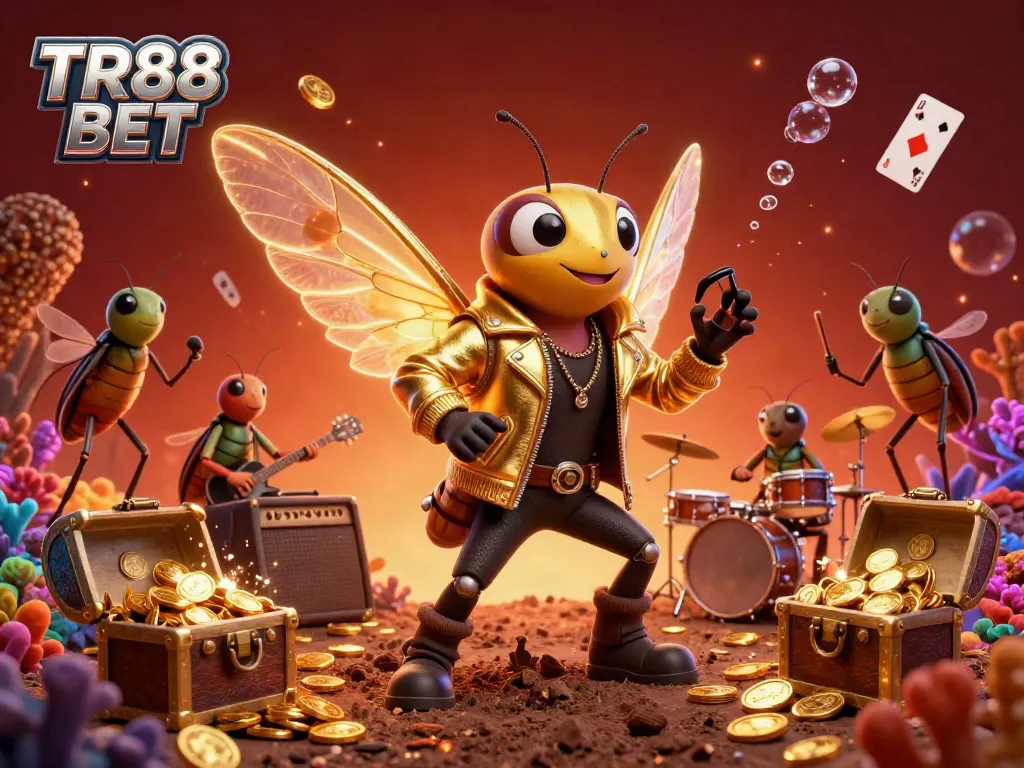 Engage with TR88 BET, a vibrant casino scene featuring a cicada rock star and dynamic gaming elements.