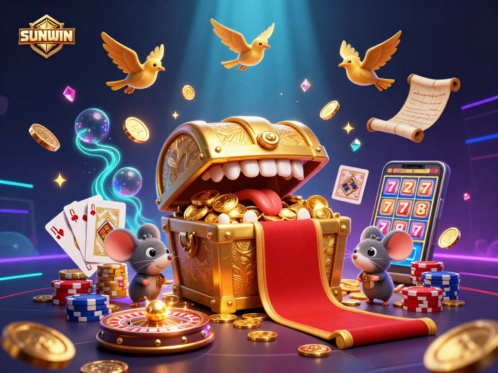 SUNWIN invites players into a vibrant casino world, showcasing a treasure-filled chest and dazzling game elements.