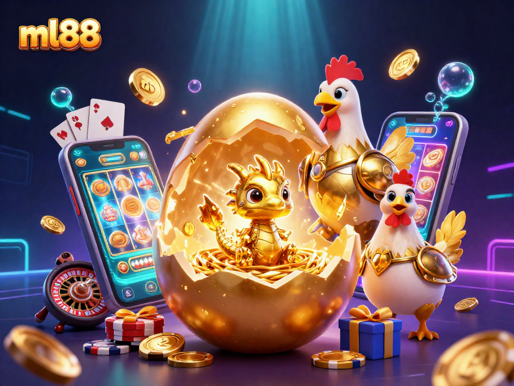 Experience the excitement of ml88 as the golden egg reveals a treasure amidst vibrant casino gaming elements.