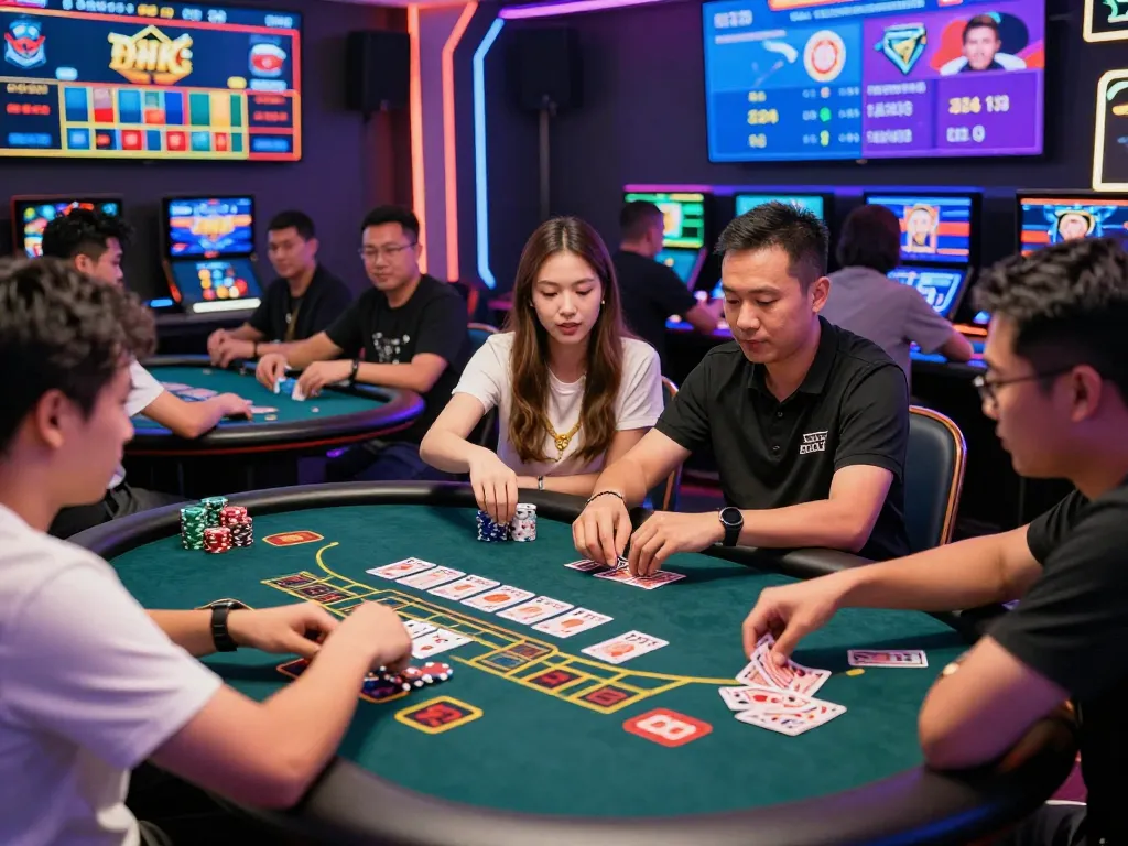 Exciting Rik vip gaming scene with players at live dealer tables showcasing vibrant atmosphere and engaging card games.