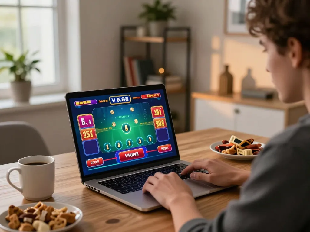 VK88 player enjoying live dealer baccarat on laptop, showcasing strategic online gaming.